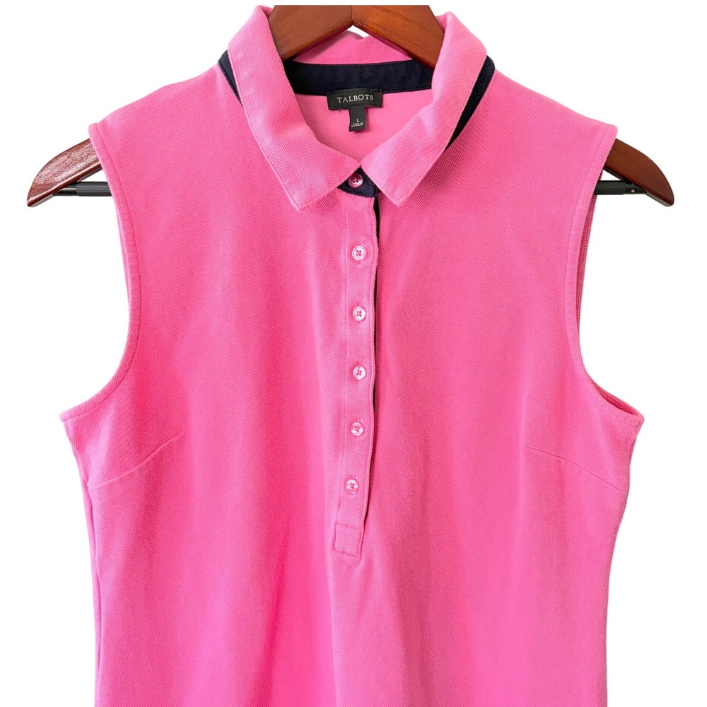 Talbots Pink Sleeveless Polo Dress Navy Trim Plaid Undercollar Size L